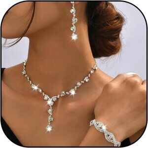 Silver Jewelry Set Prom Necklace Bracelet Earrings for Women Bridal Wedding